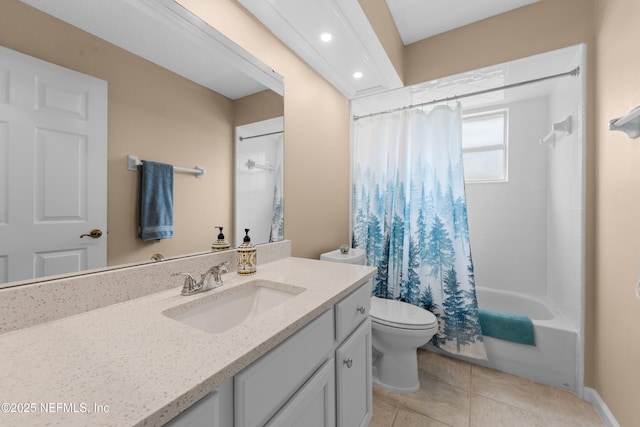 full bath with tile patterned flooring, vanity, toilet, and shower / bath combination with curtain