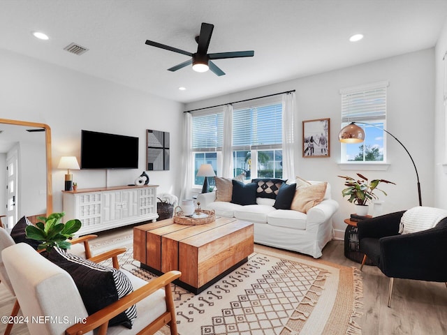431 Crestview Dr, Ponte Vedra, FL 32081 - living room with ceiling fan, a wealth of natural light, light wood finished floors, and visible vents