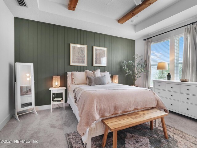 431 Crestview Dr, Ponte Vedra, FL 32081 - bedroom featuring light carpet, baseboards, visible vents, and beam ceiling