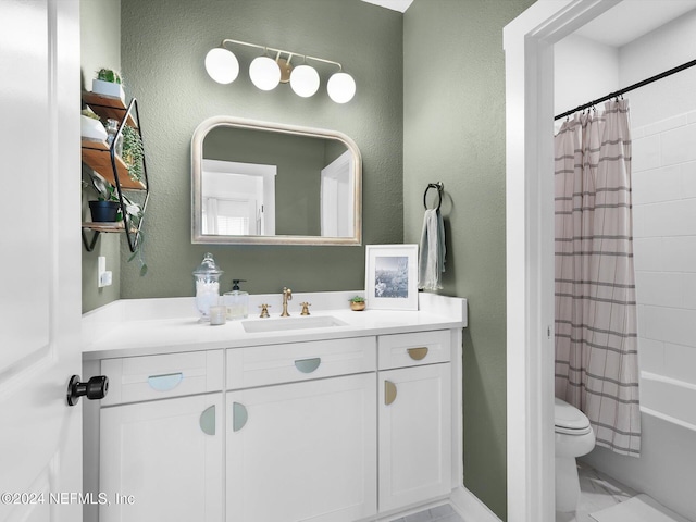 431 Crestview Dr, Ponte Vedra, FL 32081 - bathroom featuring vanity, toilet, a textured wall, marble finish floor, and shower / bath combination with curtain