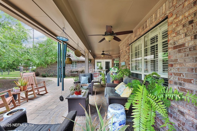 13233 Pecky Cypress Dr, Jacksonville, FL 32223 - view of patio with an outdoor living space, ceiling fan, and french doors