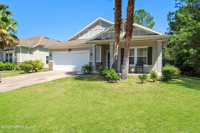 15943 Baxter Creek Dr, Jacksonville, FL 32218 - craftsman-style house with a garage, a front lawn, concrete driveway, and a porch