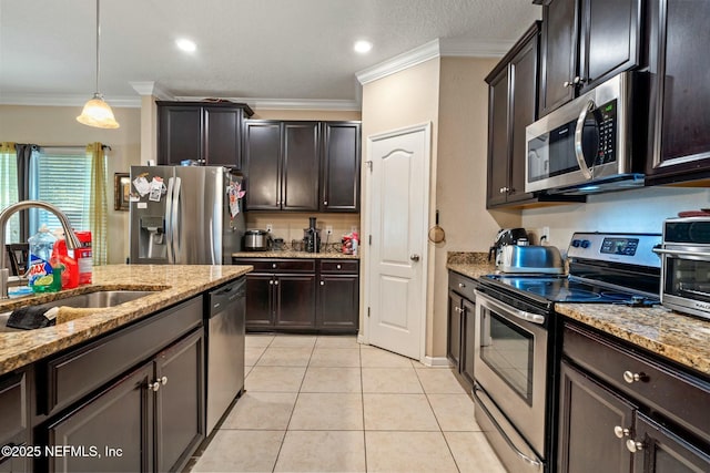 15943 Baxter Creek Dr, Jacksonville, FL 32218 - kitchen featuring ornamental molding, a sink, light tile patterned flooring, light stone countertops, and appliances with stainless steel finishes