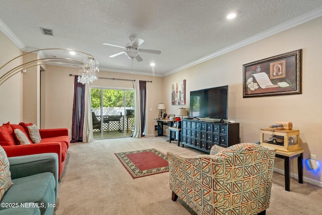 15943 Baxter Creek Dr, Jacksonville, FL 32218 - living area with crown molding, carpet floors, a ceiling fan, baseboards, and visible vents