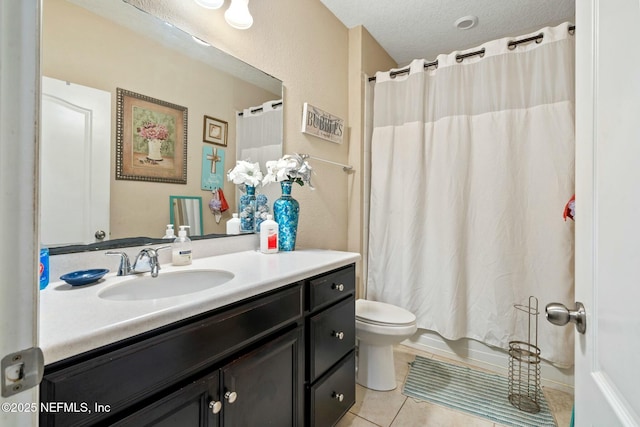 15943 Baxter Creek Dr, Jacksonville, FL 32218 - bathroom featuring tile patterned flooring, vanity, shower / bathtub combination with curtain, toilet, and a textured ceiling
