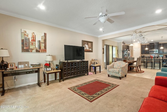 15943 Baxter Creek Dr, Jacksonville, FL 32218 - tiled living area with carpet flooring, a textured ceiling, baseboards, ceiling fan, and ornamental molding