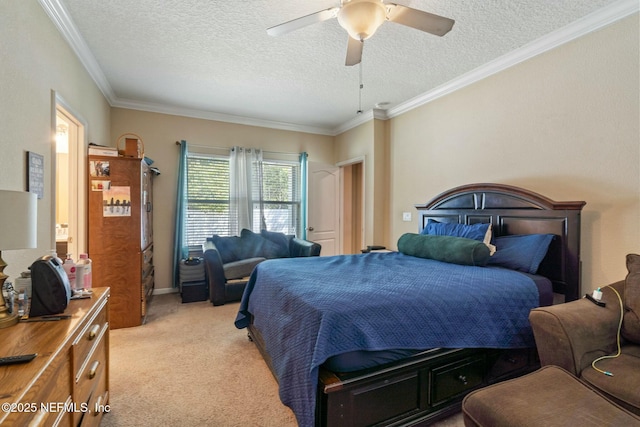 15943 Baxter Creek Dr, Jacksonville, FL 32218 - bedroom featuring ornamental molding, a ceiling fan, light carpet, and a textured ceiling