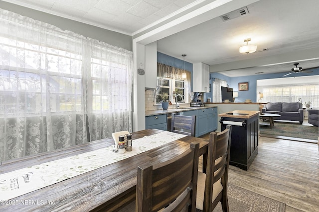 dining space with visible vents, a ceiling fan, and wood finished floors