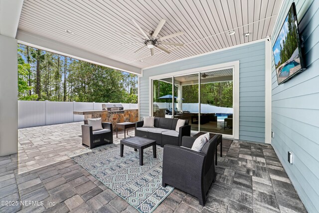 185 Calumet Dr, Saint Johns, FL 32259 - view of patio / terrace featuring an outdoor hangout area, fence, exterior kitchen, ceiling fan, and a grill