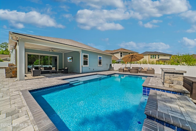185 Calumet Dr, Saint Johns, FL 32259 - view of swimming pool featuring an outdoor hangout area, fence, a patio, and ceiling fan