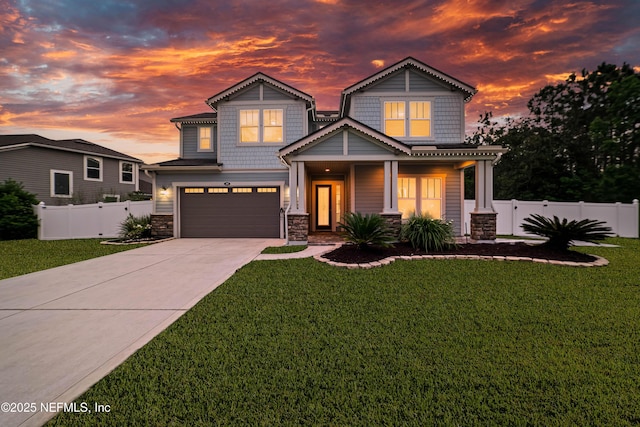 185 Calumet Dr, Saint Johns, FL 32259 - craftsman-style house featuring stone siding, concrete driveway, a garage, and fence
