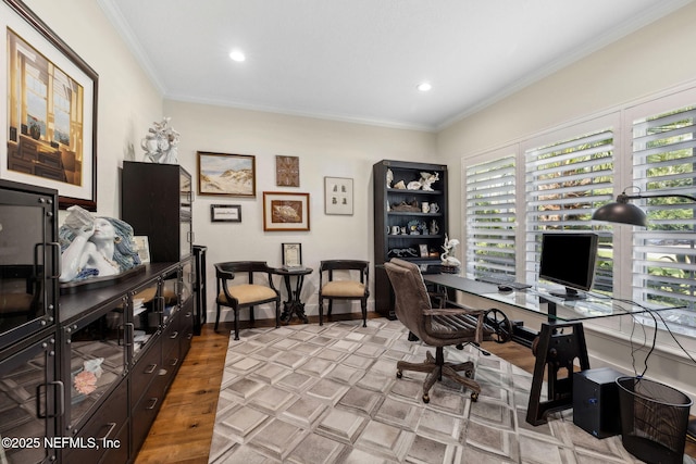home office featuring light wood finished floors, crown molding, and recessed lighting