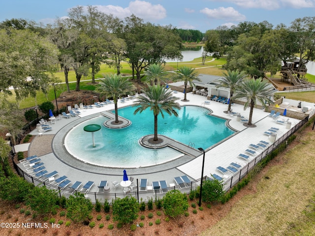 102 Fairlake Cir, Saint Augustine, FL 32092 - community pool with a patio, golf course view, a water view, a yard, and fence