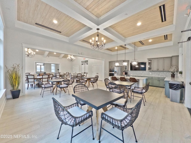 102 Fairlake Cir, Saint Augustine, FL 32092 - dining area with a notable chandelier, light wood-style flooring, visible vents, beamed ceiling, and coffered ceiling