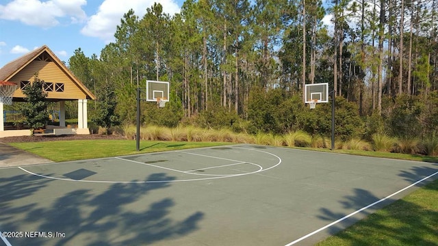 view of basketball court with a lawn, a gazebo, and community basketball court