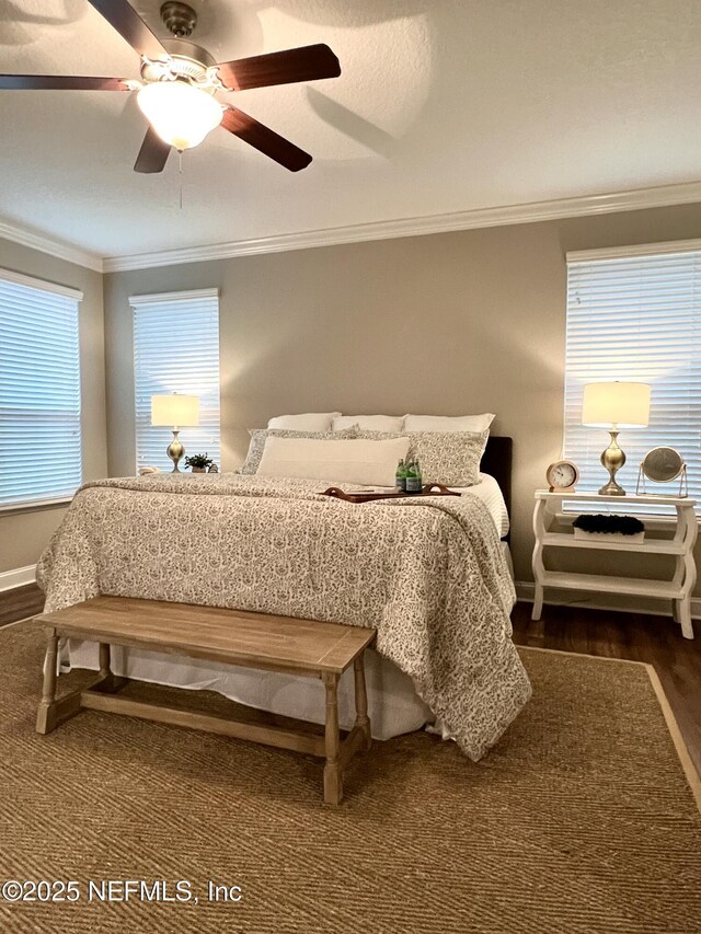 2714 Las Calinas Blvd, Saint Augustine, FL 32095 - bedroom with baseboards, a ceiling fan, wood finished floors, and crown molding