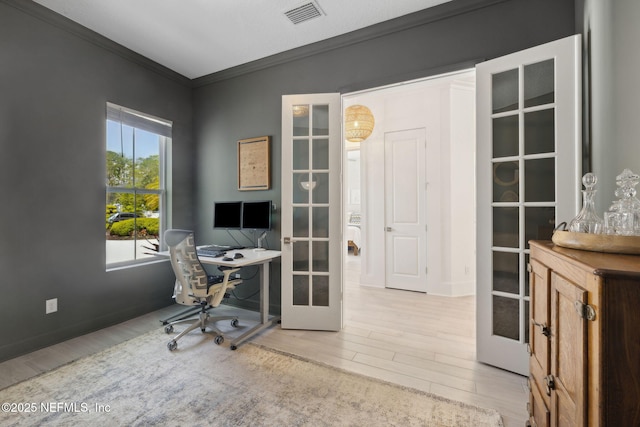 280 Quail Vista Dr, Ponte Vedra, FL 32081 - office with french doors, visible vents, ornamental molding, and wood finished floors
