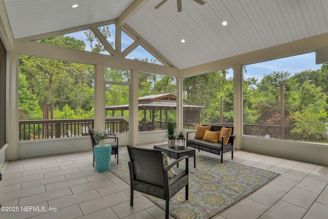 12847 Swamp Owl Ln, Jacksonville, FL 32258 - sunroom featuring ceiling fan, lofted ceiling, and an outdoor hangout area