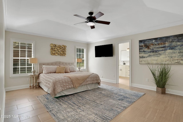 12847 Swamp Owl Ln, Jacksonville, FL 32258 - bedroom featuring crown molding, ensuite bathroom, baseboards, and a ceiling fan