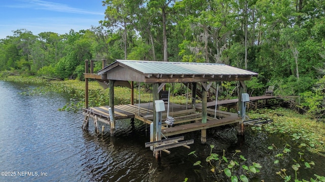 12847 Swamp Owl Ln, Jacksonville, FL 32258 - dock area with boat lift, a water view, and a view of trees