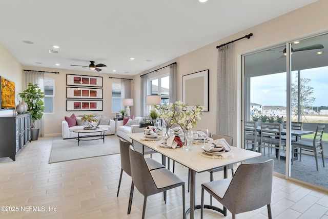 dining room with ceiling fan, visible vents, and recessed lighting
