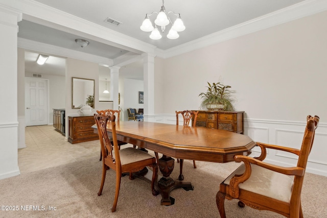 9831 Del Webb Pkwy Unit 3107, Jacksonville, FL 32256 - dining space with crown molding, visible vents, decorative columns, and light colored carpet