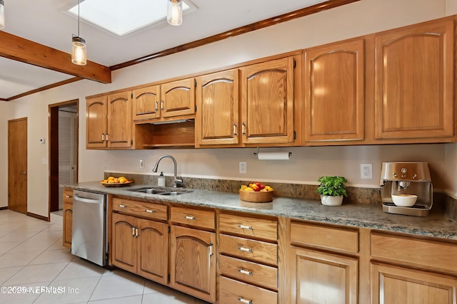 54223 Lisa Dr, Callahan, FL 32011 - kitchen with dishwasher, a sink, light tile patterned floors, crown molding, and a skylight