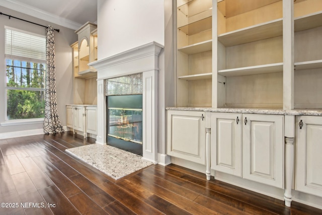 interior space featuring baseboards, wood finished floors, and crown molding