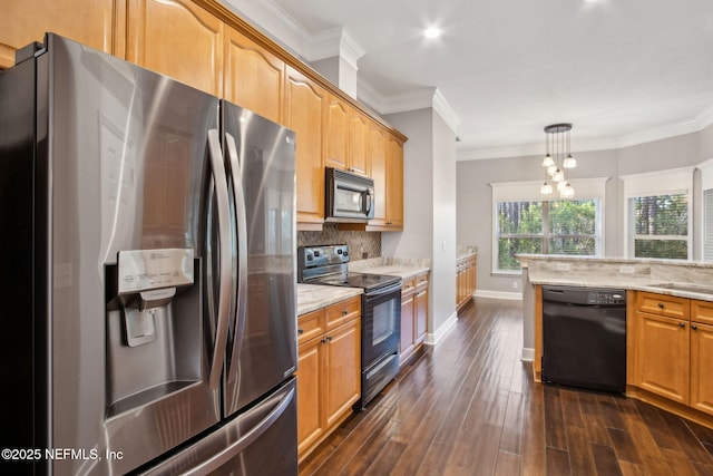 kitchen with decorative backsplash, dark wood-style flooring, crown molding, light stone counters, and black appliances