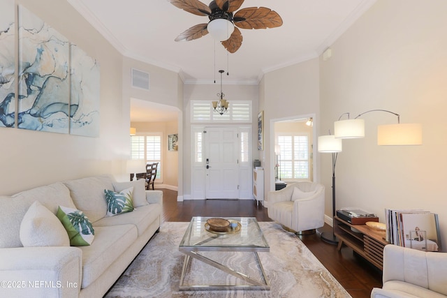 4394 Apple Tree Pl, Jacksonville, FL 32258 - living area with a ceiling fan, crown molding, baseboards, and dark wood finished floors