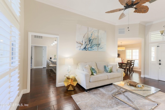 4394 Apple Tree Pl, Jacksonville, FL 32258 - living room featuring visible vents, crown molding, ceiling fan, and wood-type flooring