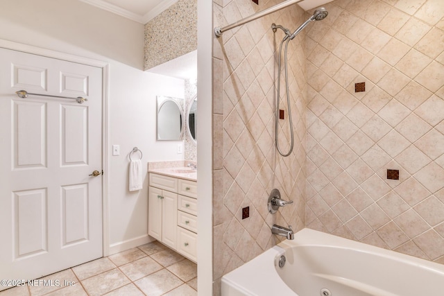 1825 Vista Cove Rd, Saint Augustine, FL 32084 - bathroom featuring tile patterned flooring, ornamental molding, vanity, and shower / bathtub combination
