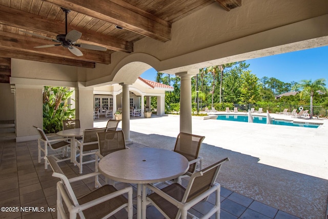 1825 Vista Cove Rd, Saint Augustine, FL 32084 - view of patio / terrace with outdoor dining space, an outdoor pool, a ceiling fan, and french doors