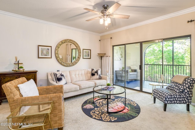 1825 Vista Cove Rd, Saint Augustine, FL 32084 - carpeted living area featuring ornamental molding and ceiling fan