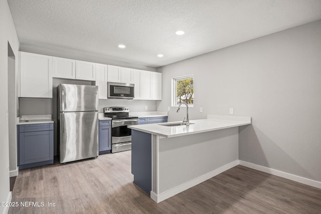 kitchen featuring a sink, appliances with stainless steel finishes, a peninsula, and wood finished floors