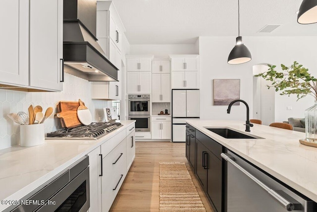 kitchen with decorative backsplash, white cabinets, custom range hood, a sink, and appliances with stainless steel finishes