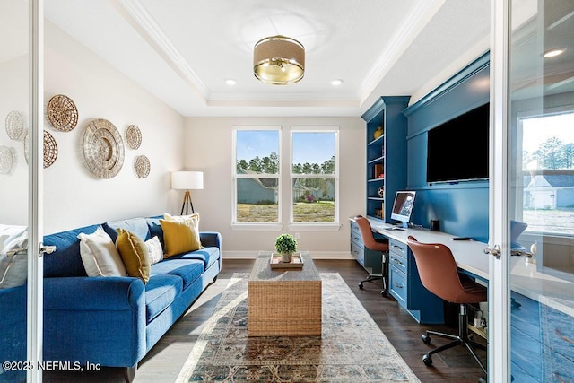 714 Curved Bay Trl, Ponte Vedra, FL 32081 - home office featuring dark wood-style flooring, baseboards, ornamental molding, recessed lighting, and a tray ceiling