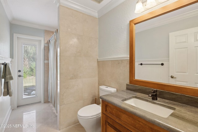 132 Beachside Dr, Ponte Vedra Beach, FL 32082 - bathroom with tile walls, a shower with shower curtain, crown molding, toilet, and vanity