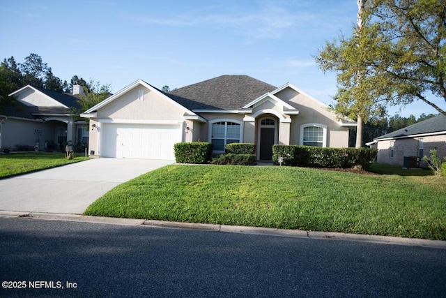 single story home with central AC, stucco siding, a front lawn, an attached garage, and driveway
