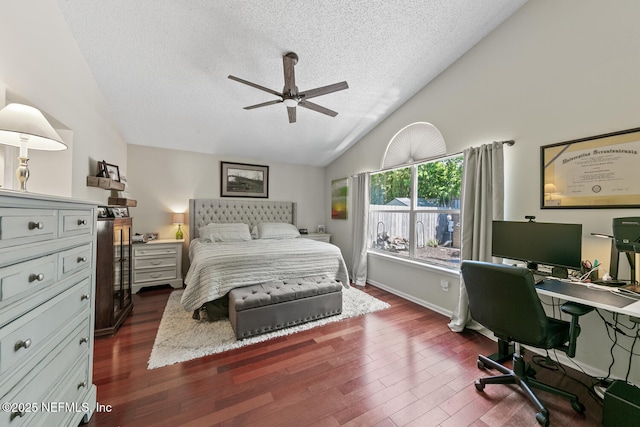 bedroom featuring baseboards, dark wood-style flooring, ceiling fan, a textured ceiling, and high vaulted ceiling