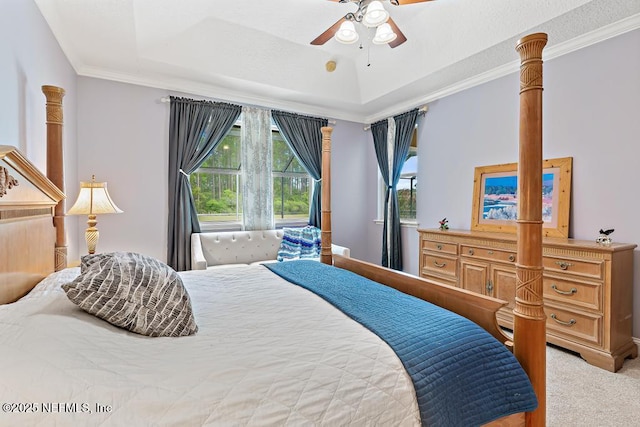 420 Chattan Way, Saint Johns, FL 32259 - bedroom featuring ornamental molding, a tray ceiling, a ceiling fan, and carpet flooring