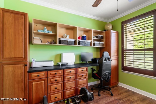 420 Chattan Way, Saint Johns, FL 32259 - home office featuring baseboards, built in study area, dark wood-style floors, crown molding, and ceiling fan