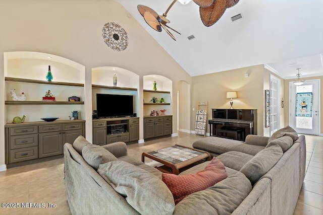 420 Chattan Way, Saint Johns, FL 32259 - living room featuring built in features, light tile patterned flooring, visible vents, and high vaulted ceiling