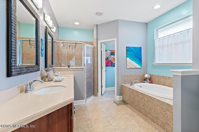 420 Chattan Way, Saint Johns, FL 32259 - full bathroom featuring baseboards, a sink, a shower stall, double vanity, and a garden tub