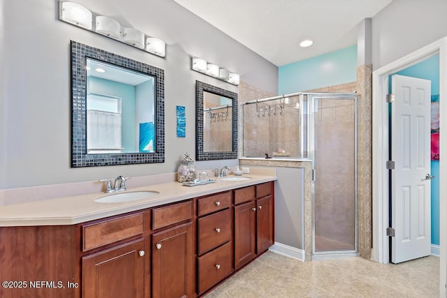420 Chattan Way, Saint Johns, FL 32259 - bathroom featuring tile patterned floors, double vanity, a sink, and a stall shower
