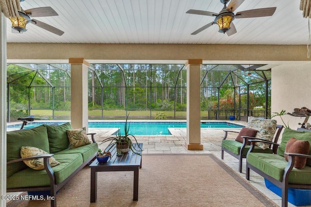 420 Chattan Way, Saint Johns, FL 32259 - outdoor pool with an outdoor living space, a patio, a ceiling fan, and glass enclosure