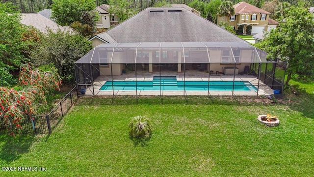 420 Chattan Way, Saint Johns, FL 32259 - view of swimming pool with a fenced in pool, a patio area, an outdoor fire pit, glass enclosure, and a lawn