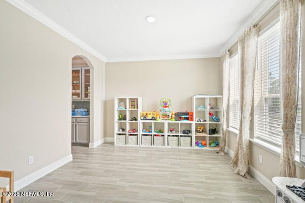 73 Lily Landing Dr, Saint Augustine, FL 32092 - playroom featuring crown molding, baseboards, wood finished floors, and arched walkways