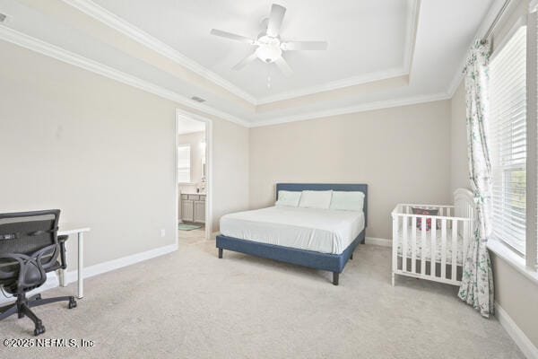 73 Lily Landing Dr, Saint Augustine, FL 32092 - bedroom with crown molding, carpet flooring, a raised ceiling, baseboards, and ceiling fan