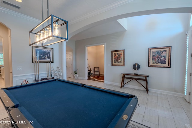 recreation room featuring visible vents, arched walkways, and pool table